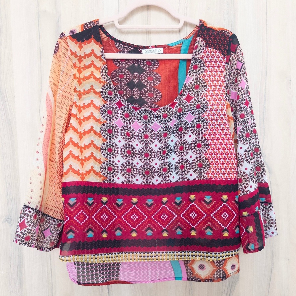 Patrons of Peace Womens Patchwork Blouse Size M Multicolor Boho Hippie Artsy